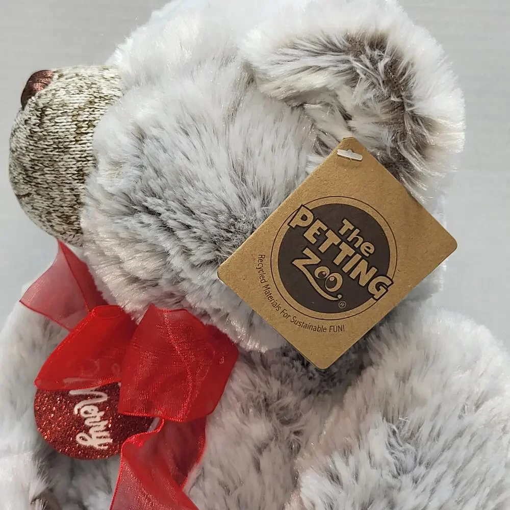 Grey Christmas Teddy Bear Plush Stuffed Soft and Cuddly Red Bow Petting‎ Zoo VTG